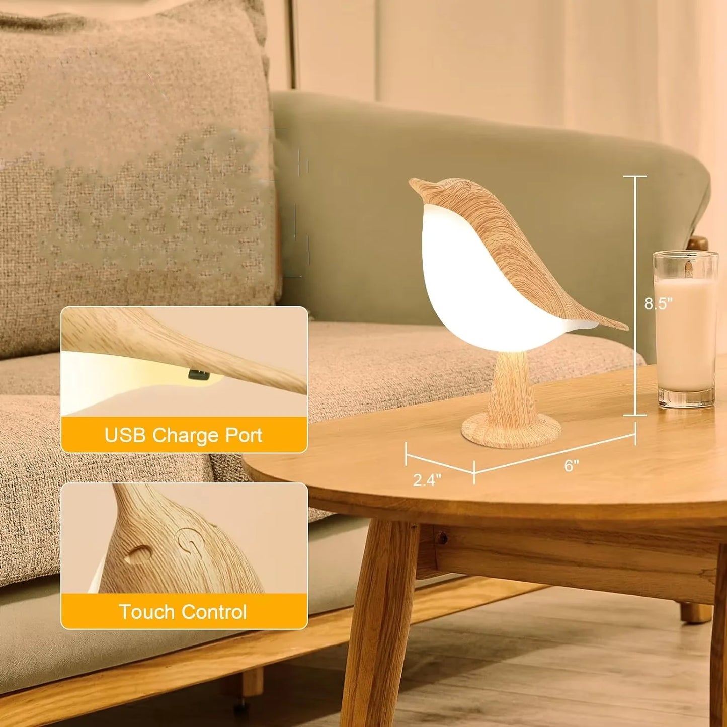 1Pc LED Touch-Control Bird Lamp - Art Deco, 3-Levels Dimmable, Usb-Cordless with Rechargeable Battery, Versatile for All Rooms