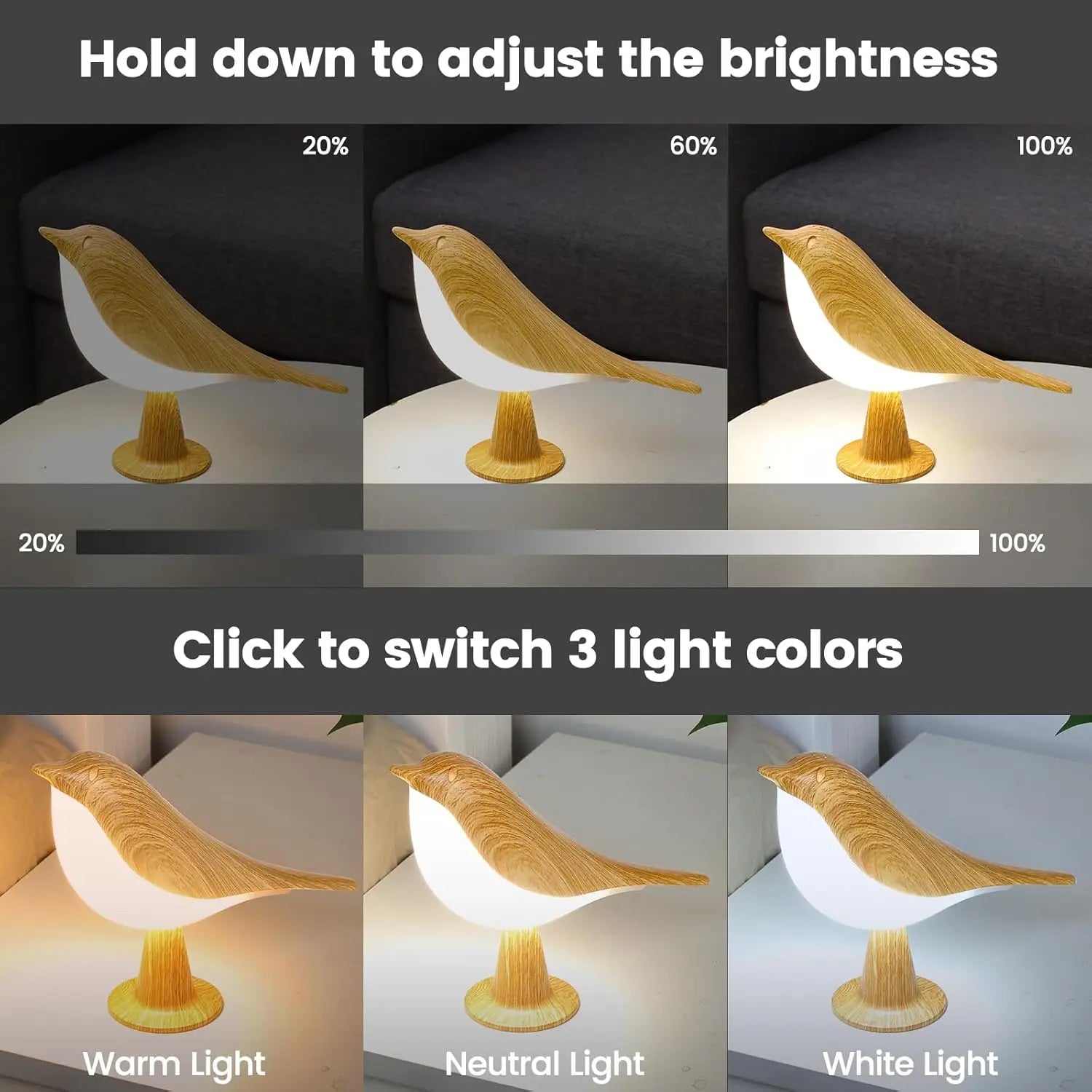 1Pc LED Touch-Control Bird Lamp - Art Deco, 3-Levels Dimmable, Usb-Cordless with Rechargeable Battery, Versatile for All Rooms